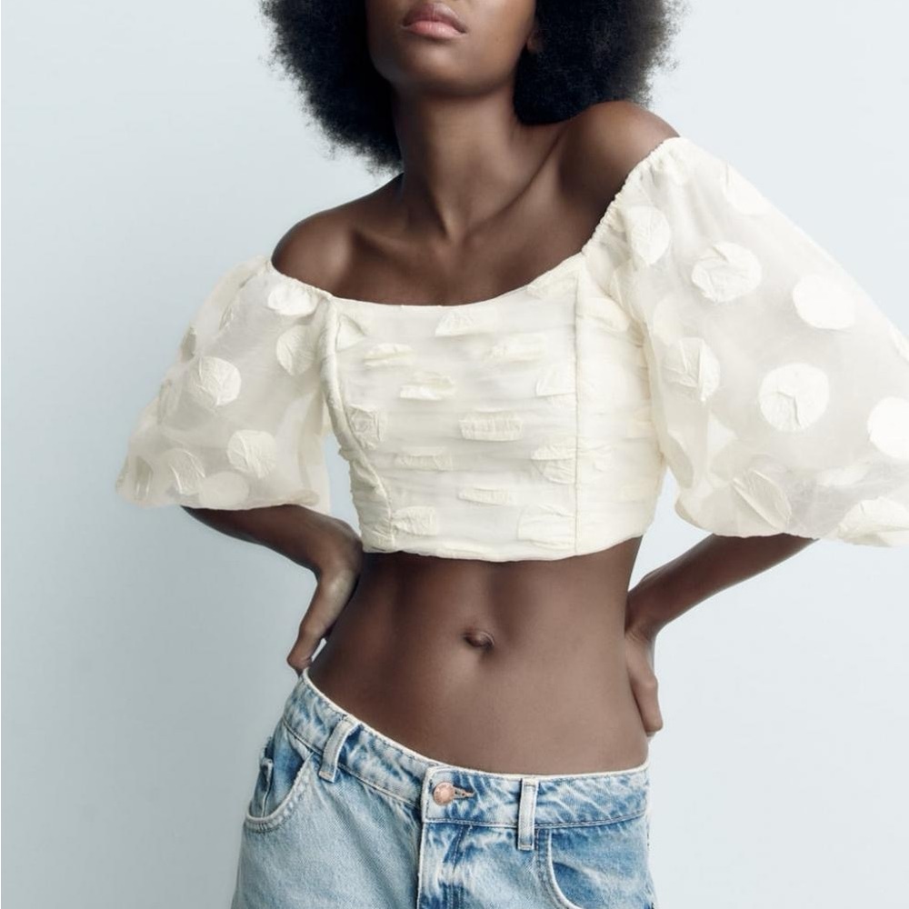 Zara Balloon Sleeve Crop Top in Ecru